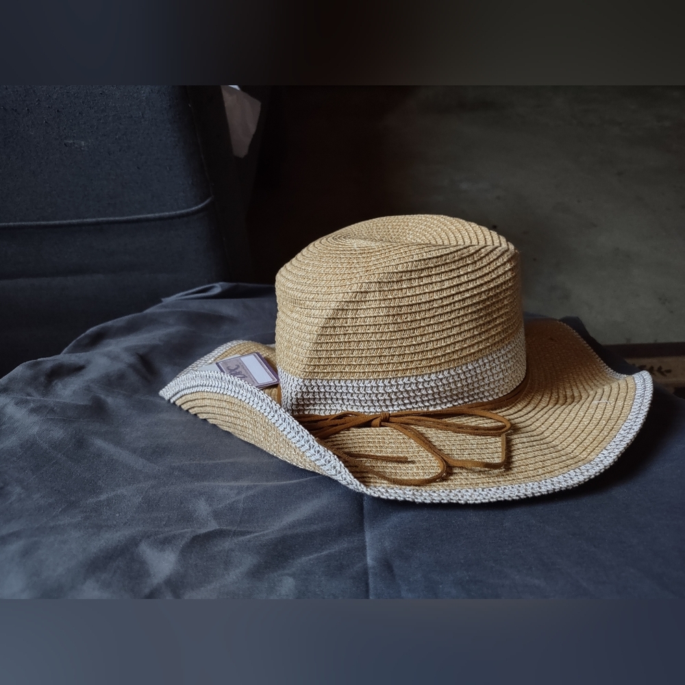 DPC Tan And White 100% Straw Hat/One Size - Picture 2 of 7